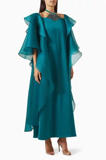 Embellished-neckline Cape Maxi Dress