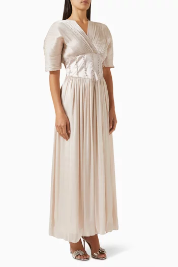 Pintuck Maxi Dress in Textured Silk