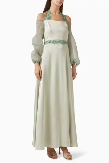 Embellished Flared Maxi Dress in Silk & Lace