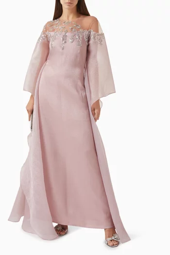 Embellished-neckline Maxi Dress in Textured Organza