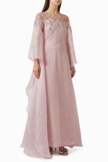 Embellished-neckline Maxi Dress in Textured Organza