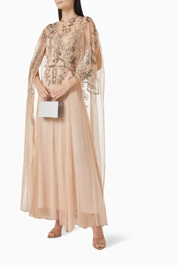 Embellished Cape Maxi Dress in Crepe & Net