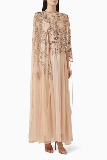 Embellished Cape Maxi Dress in Crepe & Net