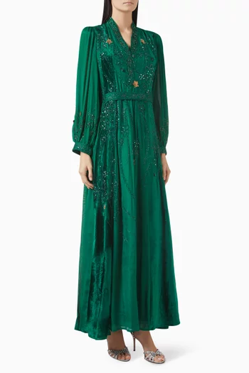Embroidered Maxi Dress in Crepe & Velvet