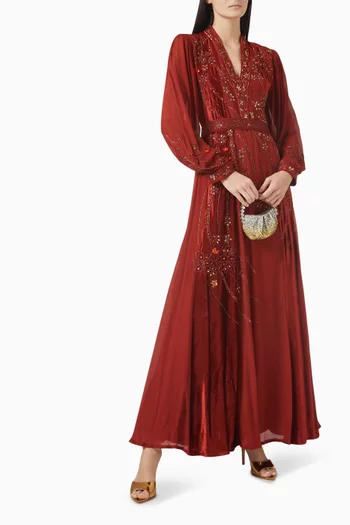 Embroidered Maxi Dress in Crepe & Velvet