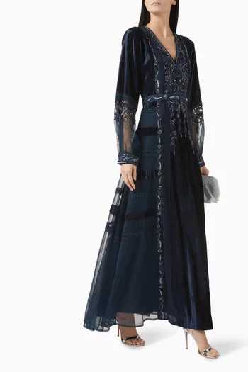 Beaded Maxi Dress in Velvet & Net