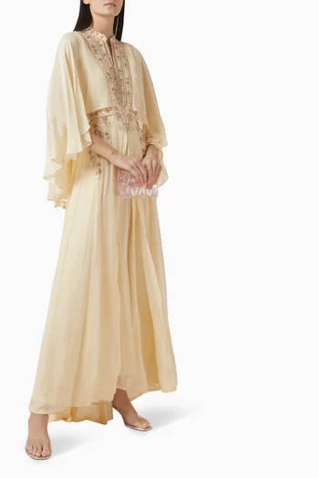 Beaded Cape Sleeve Maxi Dress in Georgette & Crepe