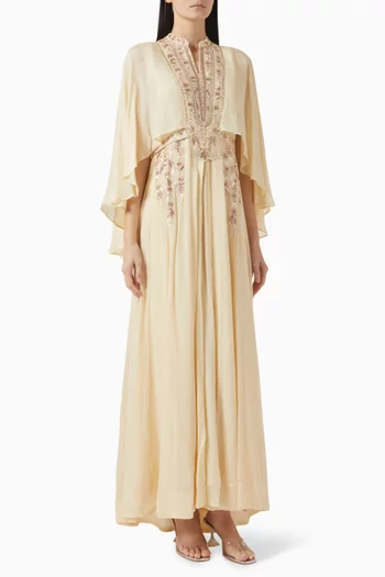 Beaded Cape Sleeve Maxi Dress in Georgette & Crepe