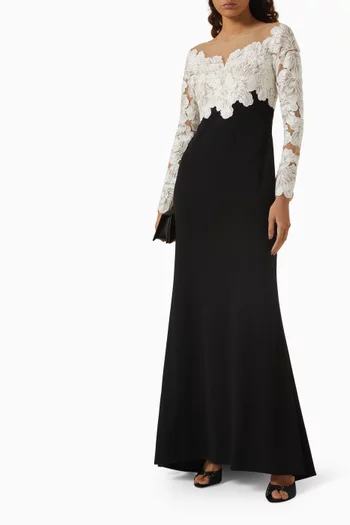 Corded Floral Lace Gown in Crepe