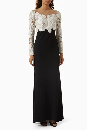 Corded Floral Lace Gown in Crepe