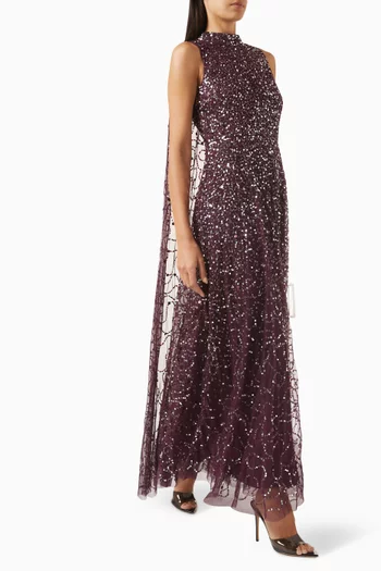 High-neck Sequin-embellished Cape Maxi Dress