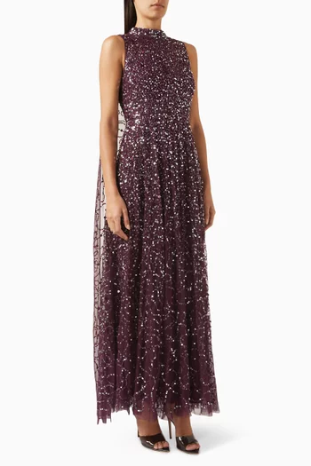 High-neck Sequin-embellished Cape Maxi Dress