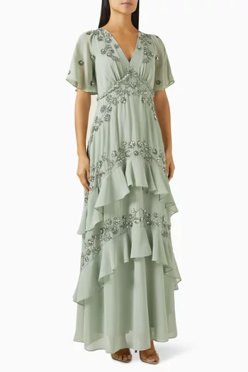 Floral Bead-embellished Ruffle Dress