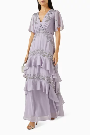 Floral Bead-embellished Ruffle Dress