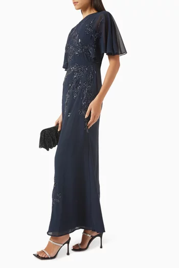 Embellished Cape-sleeve Maxi Dress