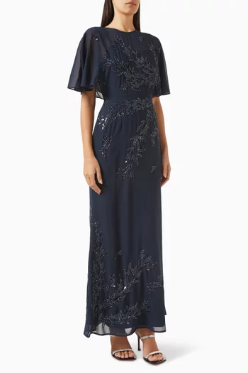 Embellished Cape-sleeve Maxi Dress