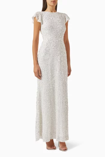 Ruffle-sleeve Sequin-embellished Maxi Dress