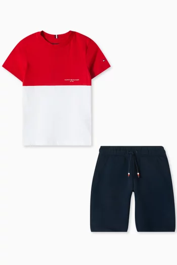 Colour-blocked T-shirt & Sweat Shorts Set in Cotton Blend