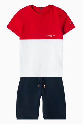 Colour-blocked T-shirt & Sweat Shorts Set in Cotton Blend
