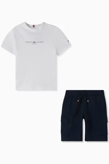 Logo T-shirt & Cargo Shorts Set in Cotton Jersey