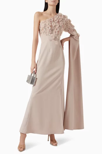 Floral-bodice One-shoulder Gown
