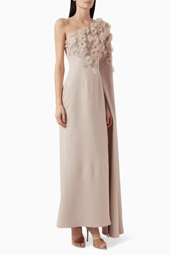 Floral-bodice One-shoulder Gown