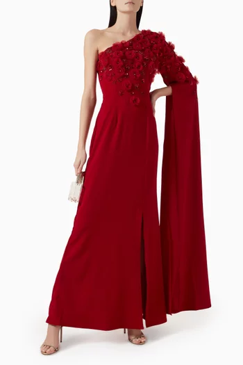 Floral-bodice One-shoulder Gown