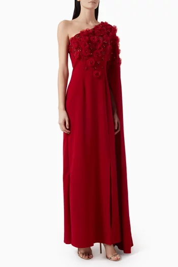 Floral-bodice One-shoulder Gown