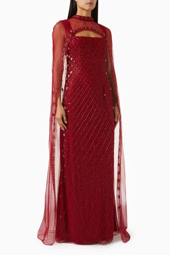 Embellished Detachable Cape Gown