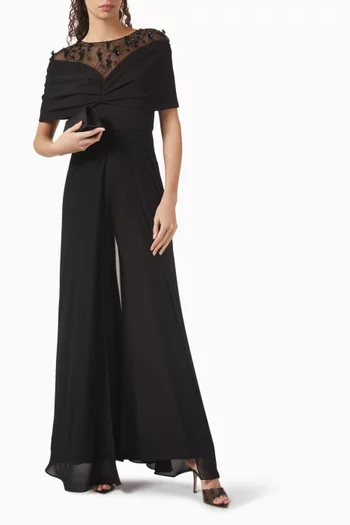 Floral Applique Jumpsuit in Wool Chiffon