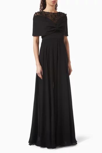 Floral Applique Jumpsuit in Wool Chiffon