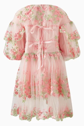 Floral Embroidered Flared Dress in Mesh