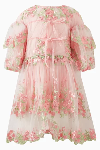 Floral Embroidered Flared Dress in Mesh