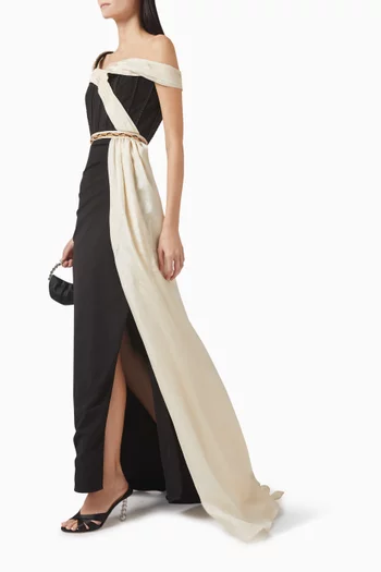 Bead-embellished Gown in Satin & Scuba