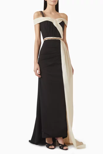 Bead-embellished Gown in Satin & Scuba