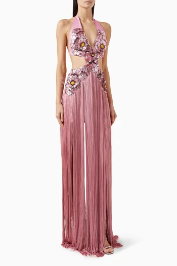 Flower Embroidered Fringe Maxi Dress