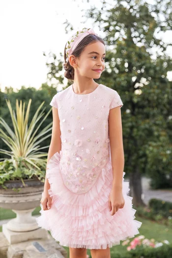 Regina Ruffled Floral-applique Dress in Jacquard & Tulle