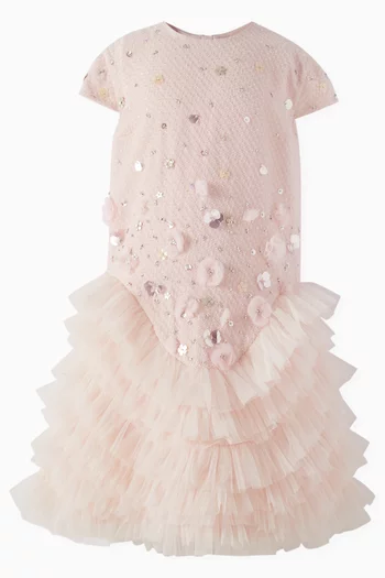 Regina Ruffled Floral-applique Dress in Jacquard & Tulle