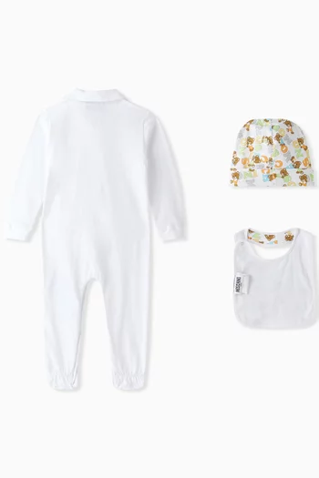 3-piece Teddy-print Sleepsuit Gift Set in Cotton