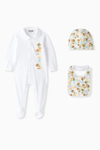 3-piece Teddy-print Sleepsuit Gift Set in Cotton