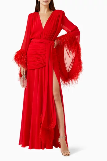 Geisha Feather-cuff Gown in Chiffon