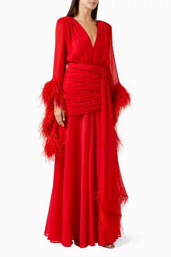 Geisha Feather-cuff Gown in Chiffon