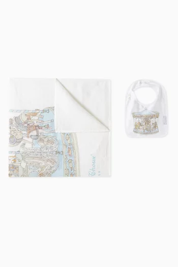 Carousel-print Carré Blanket & Bib Set in Organic Cotton