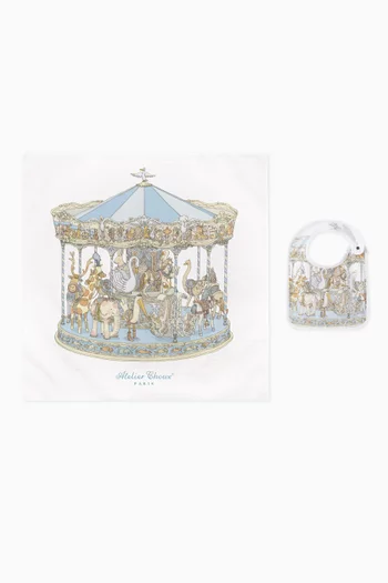 Carousel-print Carré Blanket & Bib Set in Organic Cotton