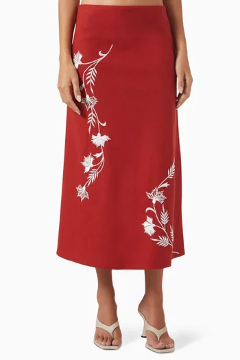 Lily Embroidered Midi Skirt in Linen