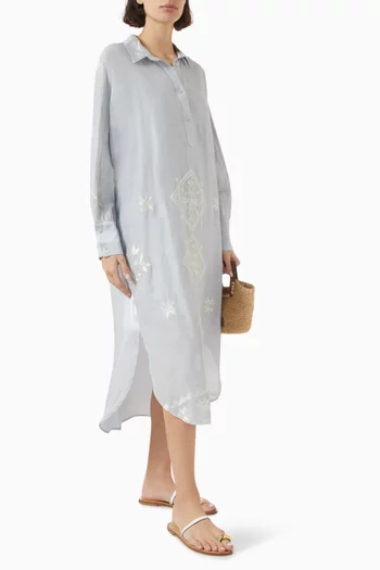 Embroidered Shirt Maxi Dress in Ramie-blend