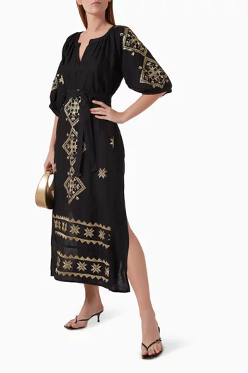 Embroidered Belted Maxi Dress in Linen