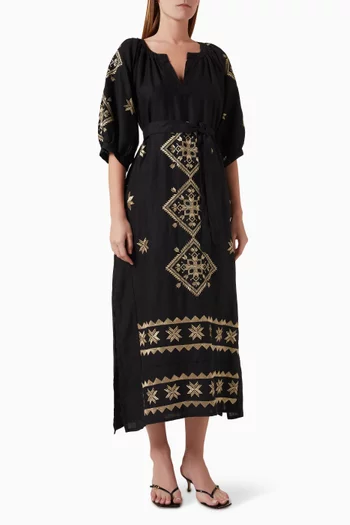 Embroidered Belted Maxi Dress in Linen