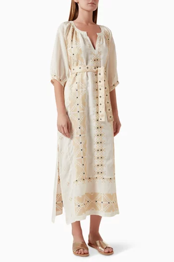 Printed Belted Maxi Dress in Linen