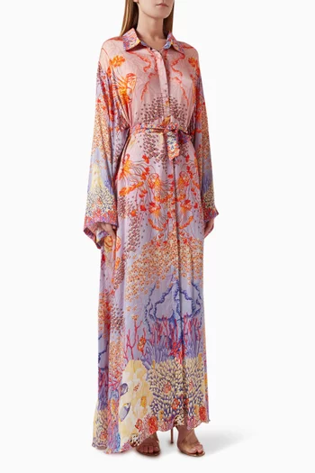 Printed Maxi Shirt Dress in Satin